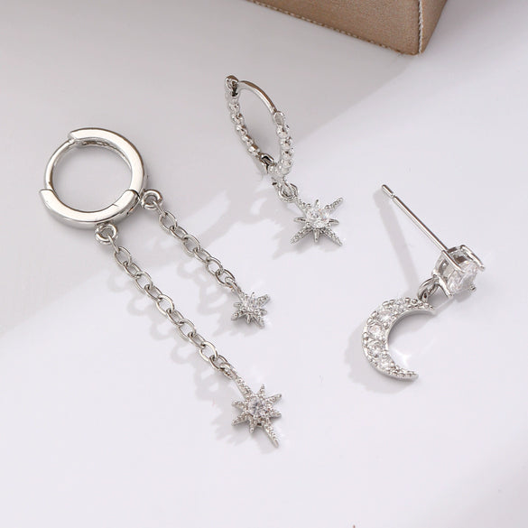 Wholesale Sports Style Asymmetric Star And Moon Zircon Earrings Threepiece Set Copper 14K Gold Ear Needle Electroplated