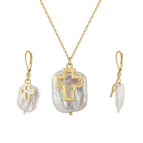 Wholesale Square Baroque Pearl Cut Out Cross Pendant S925 Sterling Silver Necklace For Women