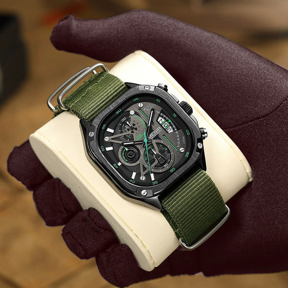 Wholesale Square Chronograph Luminous Calendar Watch With Canvas Nylon Belt Alloy Case Mineral Strengthened Glass Mirror And Stainless Steel Clasp