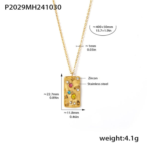 Wholesale Square Colorful Zircon Pendant Double Layer Necklace Light Luxury Style Stainless Steel Gold Plated Electroplated Jewelry
