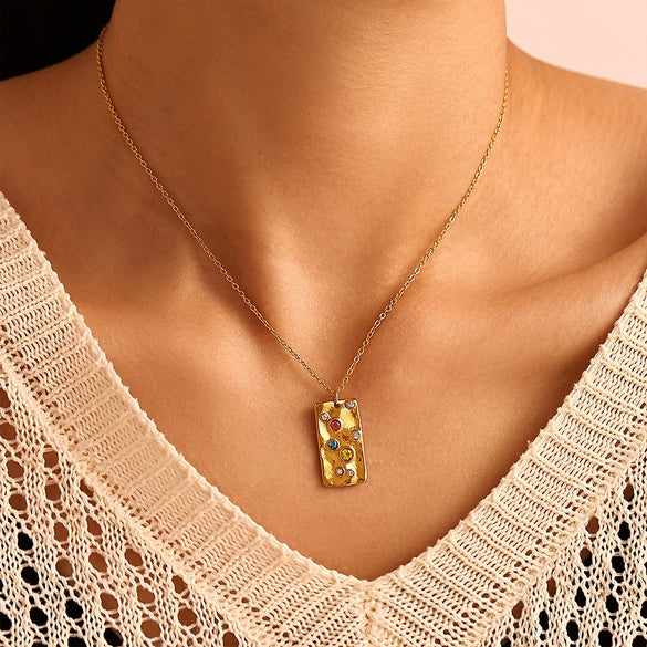 Wholesale Square Colorful Zircon Pendant Double Layer Necklace Light Luxury Style Stainless Steel Gold Plated Electroplated Jewelry