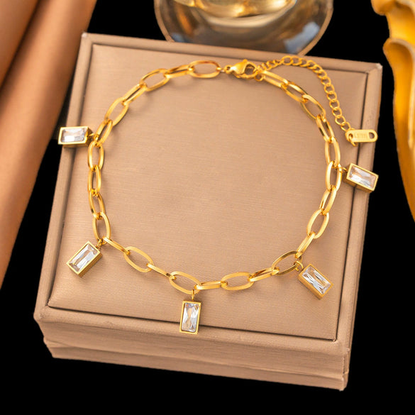 Wholesale Square Diamond Tassel 18K Gold Plated Titanium Steel Anklet For Women