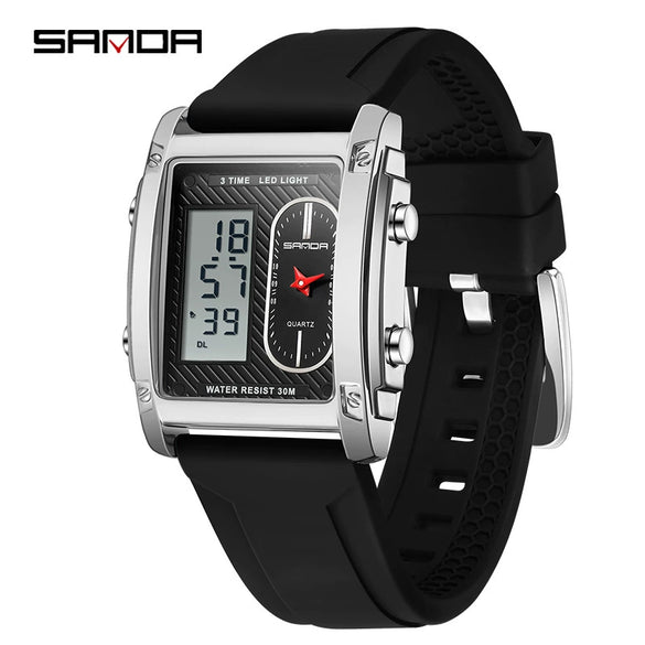 Wholesale Square Multifunction Dual Display Electronic Watch For Men Light Luxury Style Silicone Band Waterproof Alloy Case Mineral Tempered Mirror