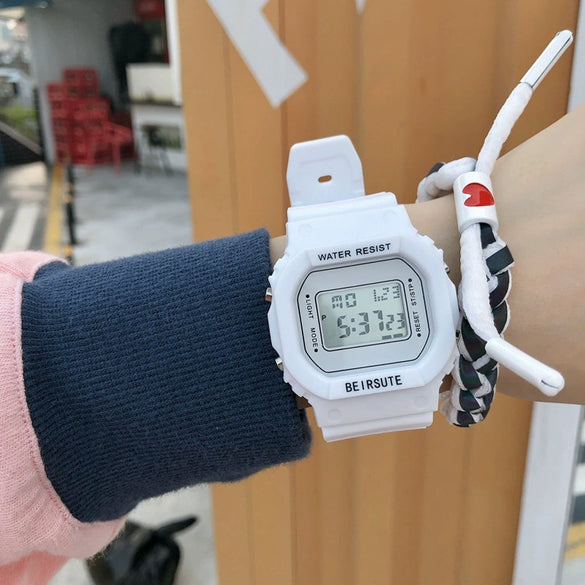 Wholesale Square Multifunctional Sports Electronic Watch For Women And Junior High School Students Plastic Mirror Silicone Strap Rubber Case Stainless Steel Clasp