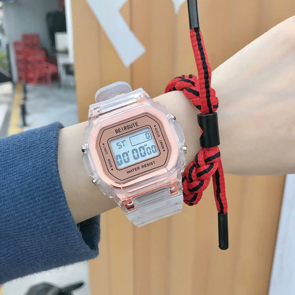 Wholesale Square Multifunctional Sports Electronic Watch For Women And Junior High School Students Plastic Mirror Silicone Strap Rubber Case Stainless Steel Clasp