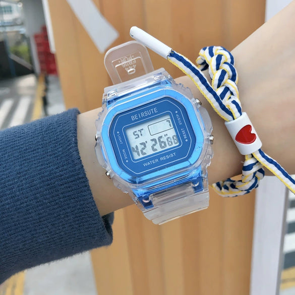 Wholesale Square Multifunctional Sports Electronic Watch For Women And Junior High School Students Plastic Mirror Silicone Strap Rubber Case Stainless Steel Clasp
