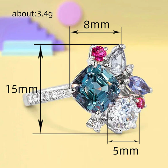 Wholesale Square Princess Ring Copper Inlaid Multicolor Gem And Zircon For Women