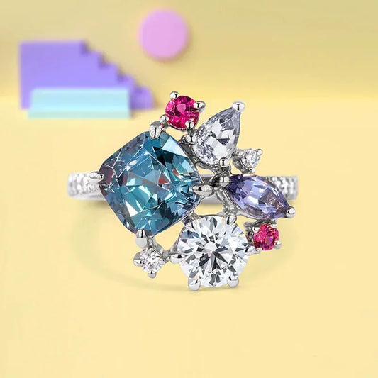 Wholesale Square Princess Ring Copper Inlaid Multicolor Gem And Zircon For Women