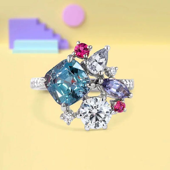Wholesale Square Princess Ring Copper Inlaid Multicolor Gem And Zircon For Women