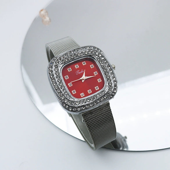 Wholesale Square Quartz Watch With Starry Diamond Mesh Strap Alloy Case Stainless Steel Strap Light Luxury Leisure Style