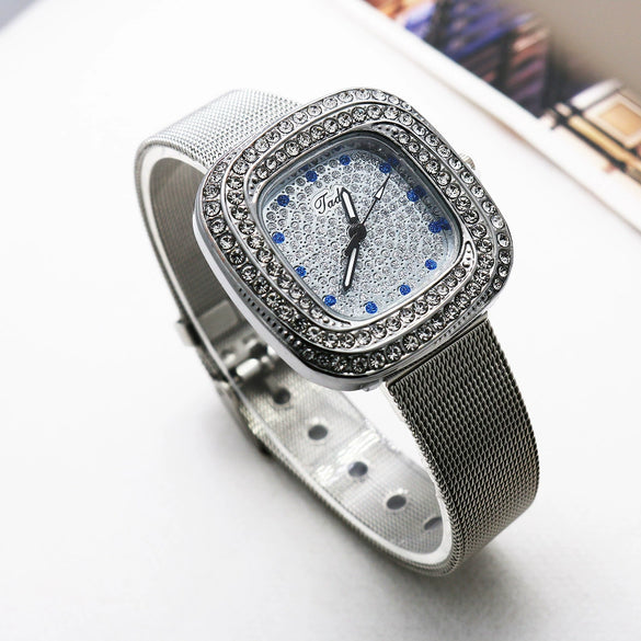 Wholesale Square Quartz Watch With Starry Diamond Mesh Strap Alloy Case Stainless Steel Strap Light Luxury Leisure Style