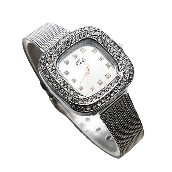 Wholesale Square Quartz Watch With Starry Diamond Mesh Strap Alloy Case Stainless Steel Strap Light Luxury Leisure Style