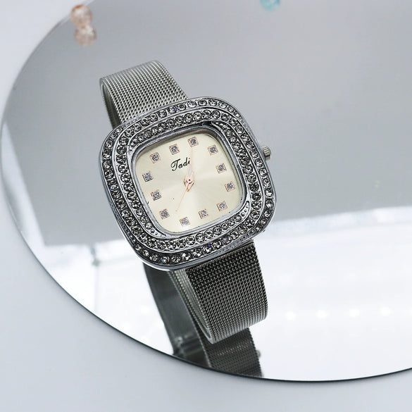 Wholesale Square Quartz Watch With Starry Diamond Mesh Strap Alloy Case Stainless Steel Strap Light Luxury Leisure Style