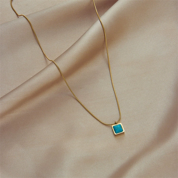 Wholesale Square Turquoise Pendant Necklace In Natural Turquoise And Titanium Steel With Electroplating Geometric Design For Unisex