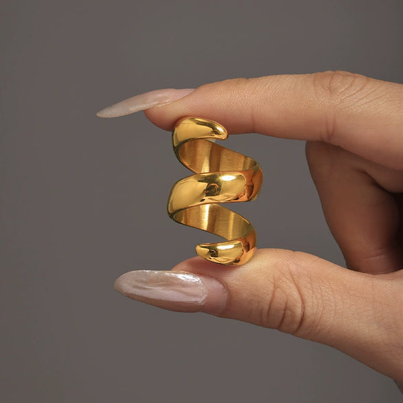 Wholesale Sshaped Spiral Wound Stainless Steel Finger Ring With Geometric Pattern And 18K Real Gold Electroplated For Women
