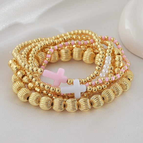 Wholesale Stackable Copper Real Gold Plated Geometric Bead Bracelet Set Unisex