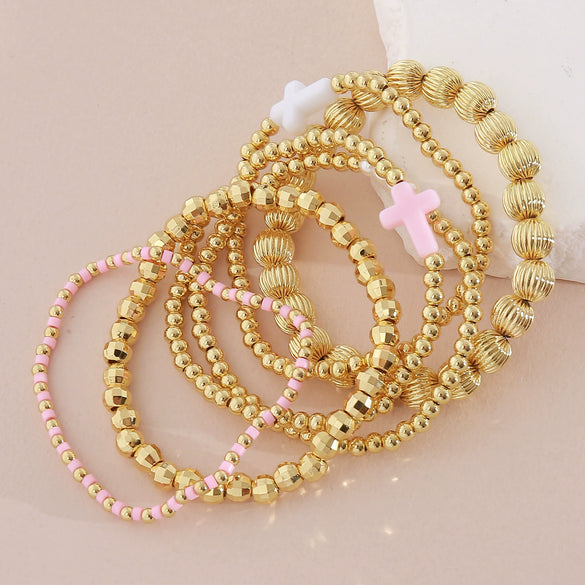 Wholesale Stackable Copper Real Gold Plated Geometric Bead Bracelet Set Unisex
