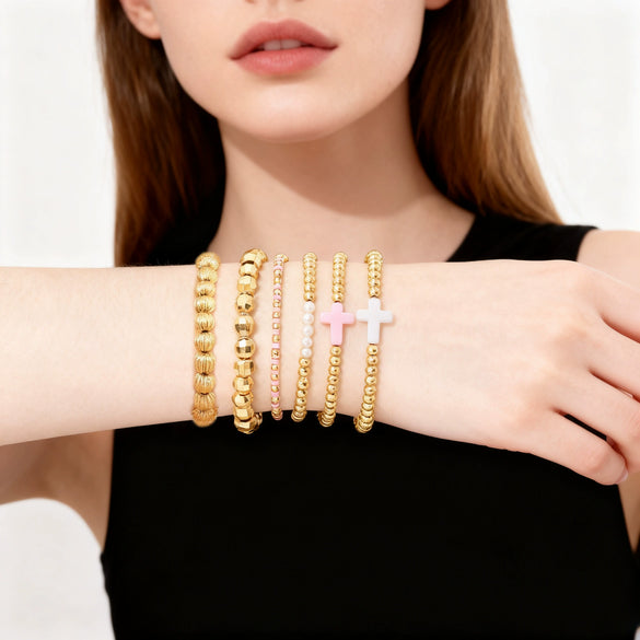 Wholesale Stackable Copper Real Gold Plated Geometric Bead Bracelet Set Unisex