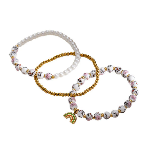 Wholesale Stackable Elastic Cord Bracelet With Floral Beads And Geometric Pendant For Women Stainless Steel Electroplated