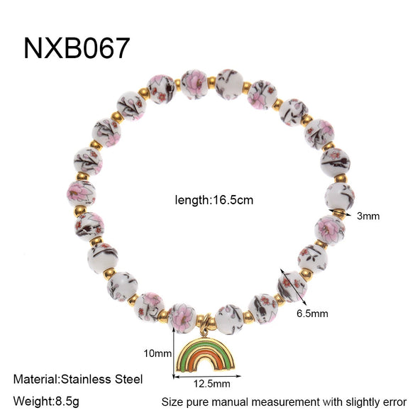 Wholesale Stackable Elastic Cord Bracelet With Floral Beads And Geometric Pendant For Women Stainless Steel Electroplated