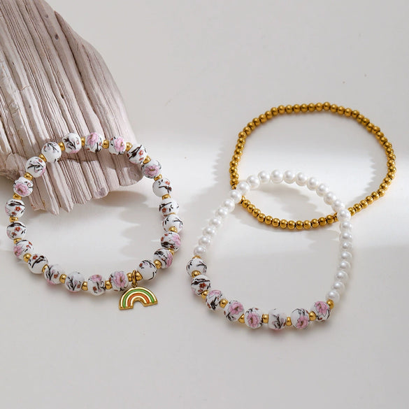Wholesale Stackable Elastic Cord Bracelet With Floral Beads And Geometric Pendant For Women Stainless Steel Electroplated