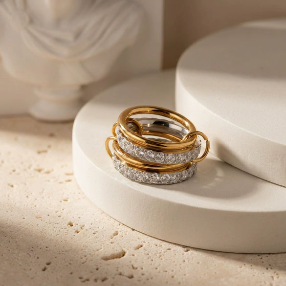 Wholesale Stackable Ring Set With Cross Design 18K Gold Texture Titanium Steel Geometric Electroplated For Couples