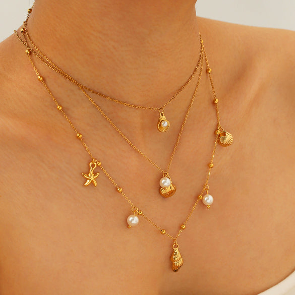 Wholesale Stackable Starfish Shells With Pearl Pendants Stainless Steel 18K Gold Plated Minimalist Women's Necklace