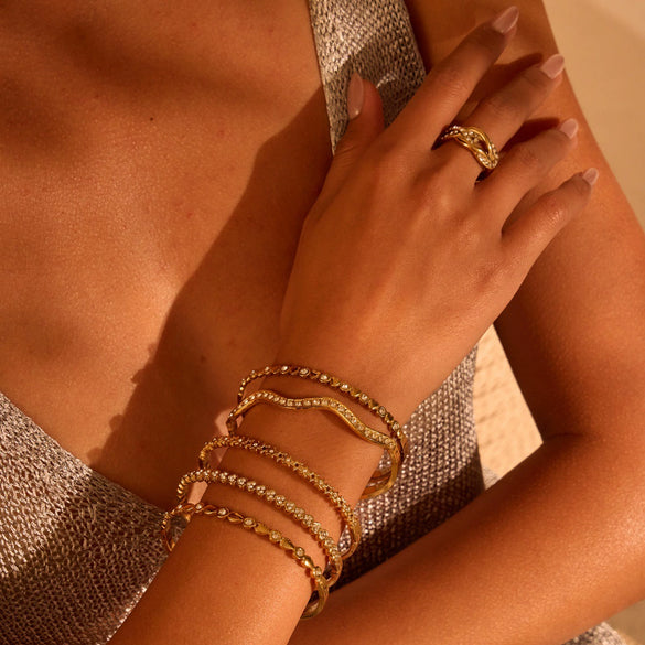 Wholesale Stackable Waveshaped Diamondstudded Goldplated Stainless Steel Bracelets For Women
