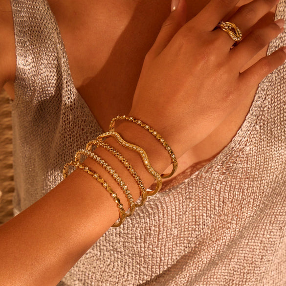 Wholesale Stackable Waveshaped Diamondstudded Goldplated Stainless Steel Bracelets For Women