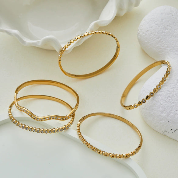 Wholesale Stackable Waveshaped Diamondstudded Goldplated Stainless Steel Bracelets For Women