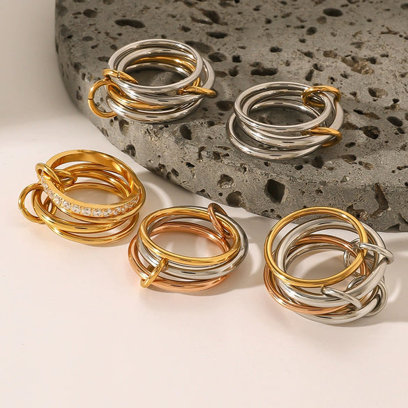 Wholesale Stacked Stainless Steel Ring For Women With Geometric Pattern And Electroplating Treatment