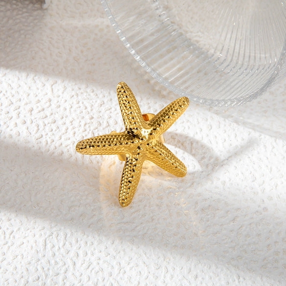 Wholesale Stainless Steel Adjustable Opening Ring With Embossed Starfish Personality Exaggerated Design Electroplating Treatment