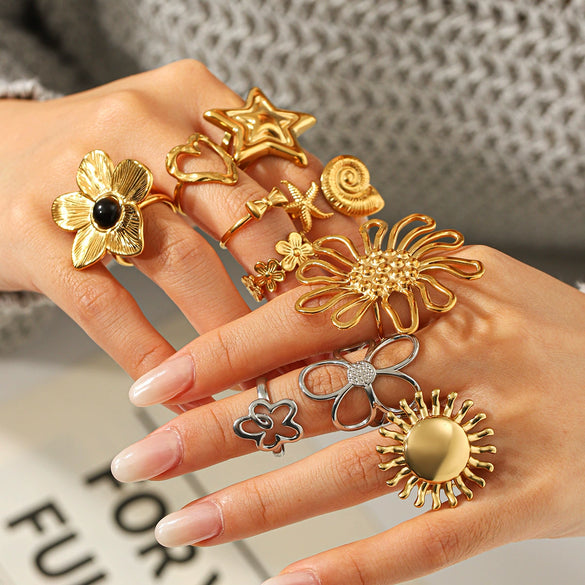 Wholesale Stainless Steel Adjustable Rings With Rose Flowers Butterfly Geometric Shapes Polished Plating For Women