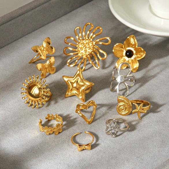 Wholesale Stainless Steel Adjustable Rings With Rose Flowers Butterfly Geometric Shapes Polished Plating For Women