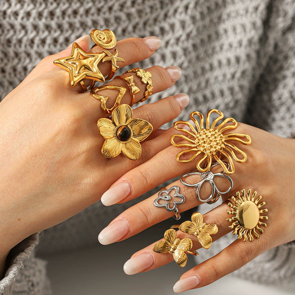 Wholesale Stainless Steel Adjustable Rings With Rose Flowers Butterfly Geometric Shapes Polished Plating For Women