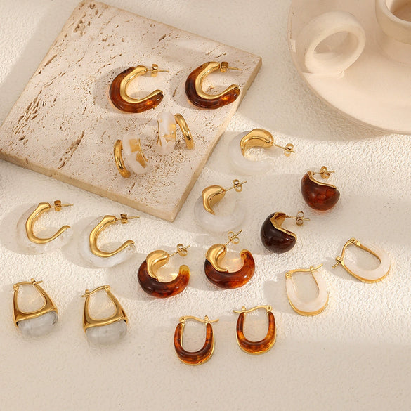 Wholesale Stainless Steel And Amber Resin Geometric C Shape Earrings With Highend Feel And Electroplating