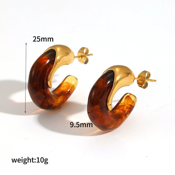 Wholesale Stainless Steel And Amber Resin Geometric C Shape Earrings With Highend Feel And Electroplating