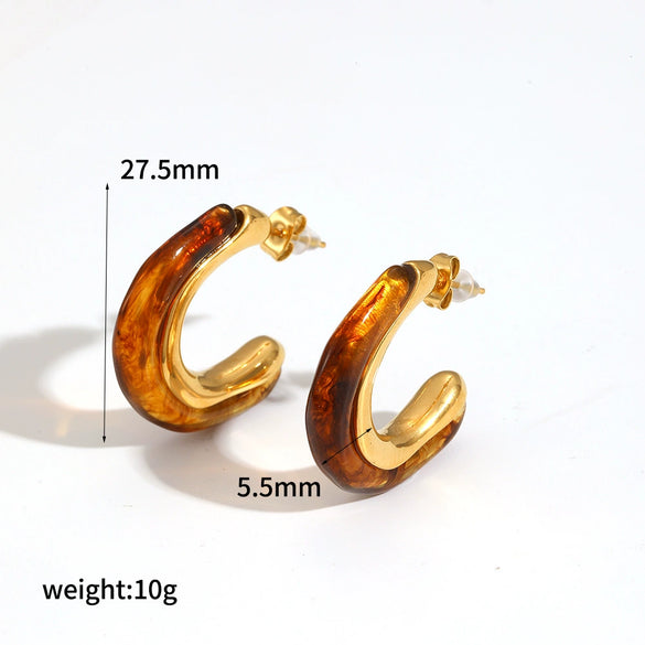 Wholesale Stainless Steel And Amber Resin Geometric C Shape Earrings With Highend Feel And Electroplating