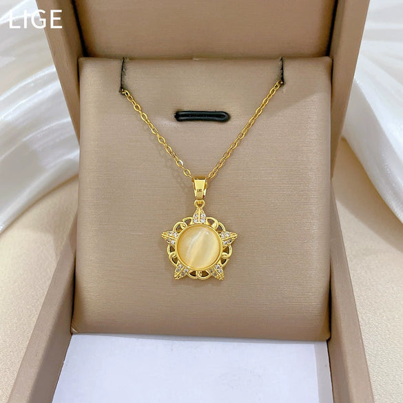 Wholesale Stainless Steel And Copper Geometric And Cartoon Style Hollow Cat Eye Star Pendant Necklace For Women And Men
