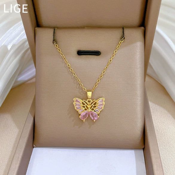 Wholesale Stainless Steel And Copper Hollow Butterfly Geometric And Cartoon Style Full Diamond Necklace Unisex
