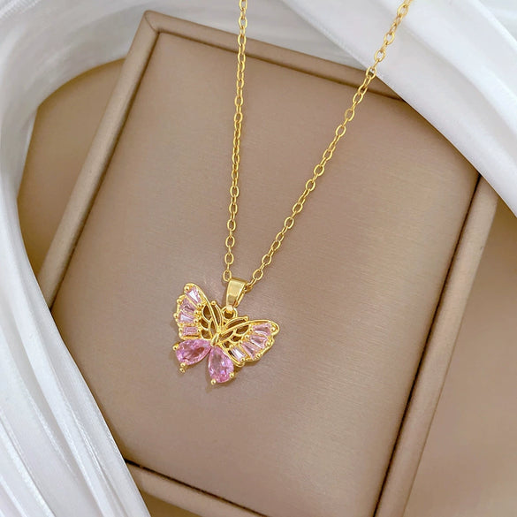 Wholesale Stainless Steel And Copper Hollow Butterfly Geometric And Cartoon Style Full Diamond Necklace Unisex