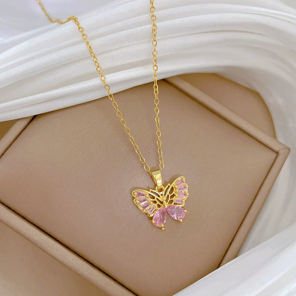 Wholesale Stainless Steel And Copper Hollow Butterfly Geometric And Cartoon Style Full Diamond Necklace Unisex