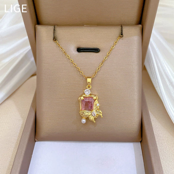 Wholesale Stainless Steel And Copper Jewelry Geometric Pearl Butterfly Zircon Light Luxury Elegant Gorgeous Diamond Necklace Unisex Allmatch Clavicle Chain
