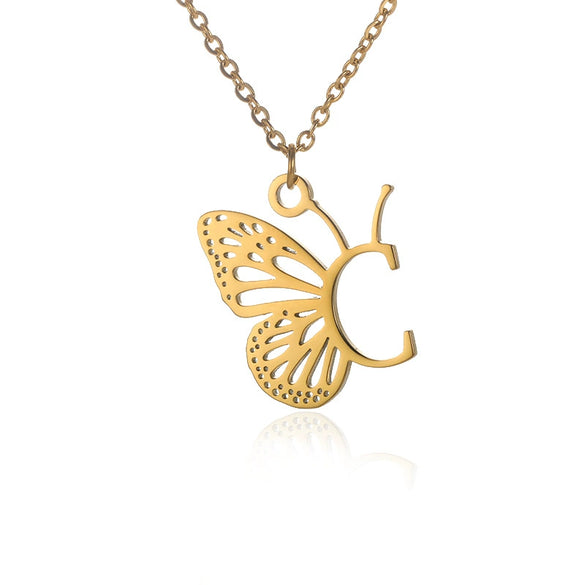 Wholesale Stainless Steel And Copper Letter And Butterfly Pendant Necklace With Electroplating Hollow Design
