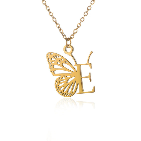 Wholesale Stainless Steel And Copper Letter And Butterfly Pendant Necklace With Electroplating Hollow Design