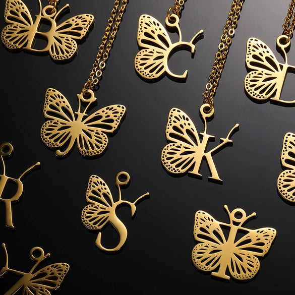 Wholesale Stainless Steel And Copper Letter And Butterfly Pendant Necklace With Electroplating Hollow Design