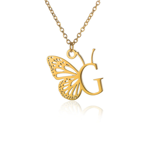 Wholesale Stainless Steel And Copper Letter And Butterfly Pendant Necklace With Electroplating Hollow Design
