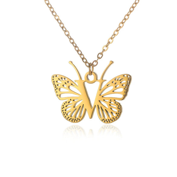 Wholesale Stainless Steel And Copper Letter And Butterfly Pendant Necklace With Electroplating Hollow Design