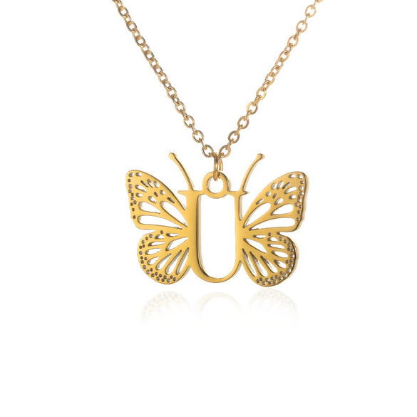 Wholesale Stainless Steel And Copper Letter And Butterfly Pendant Necklace With Electroplating Hollow Design