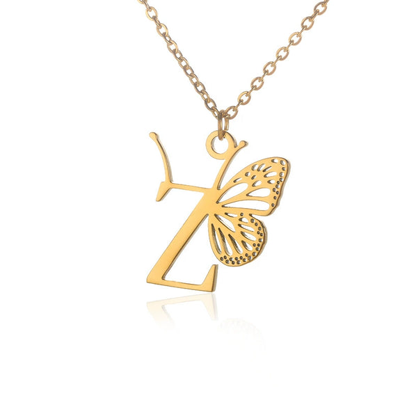 Wholesale Stainless Steel And Copper Letter And Butterfly Pendant Necklace With Electroplating Hollow Design